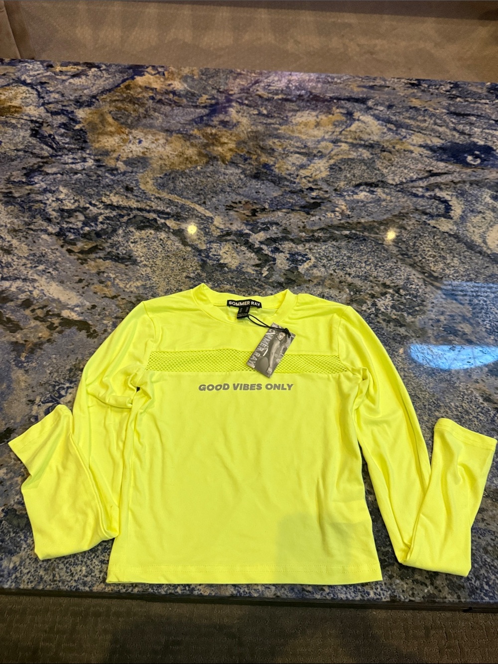 Sommer Ray Neon Yellow Long Sleeve Crop Top -Good Vibes Only, soft, mesh design